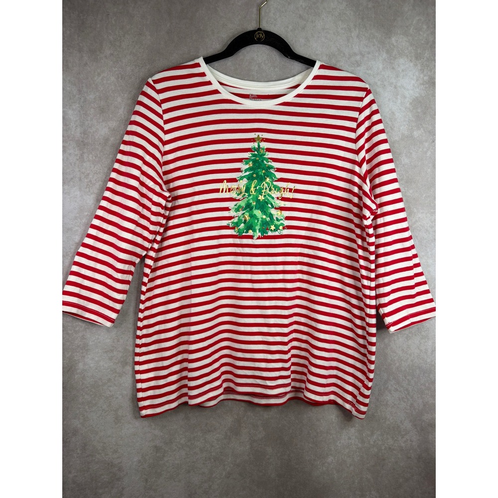 Kim Rogers Christmas Tree T-Shirt Women L Red White Striped 3/4 Sleeve Graphic